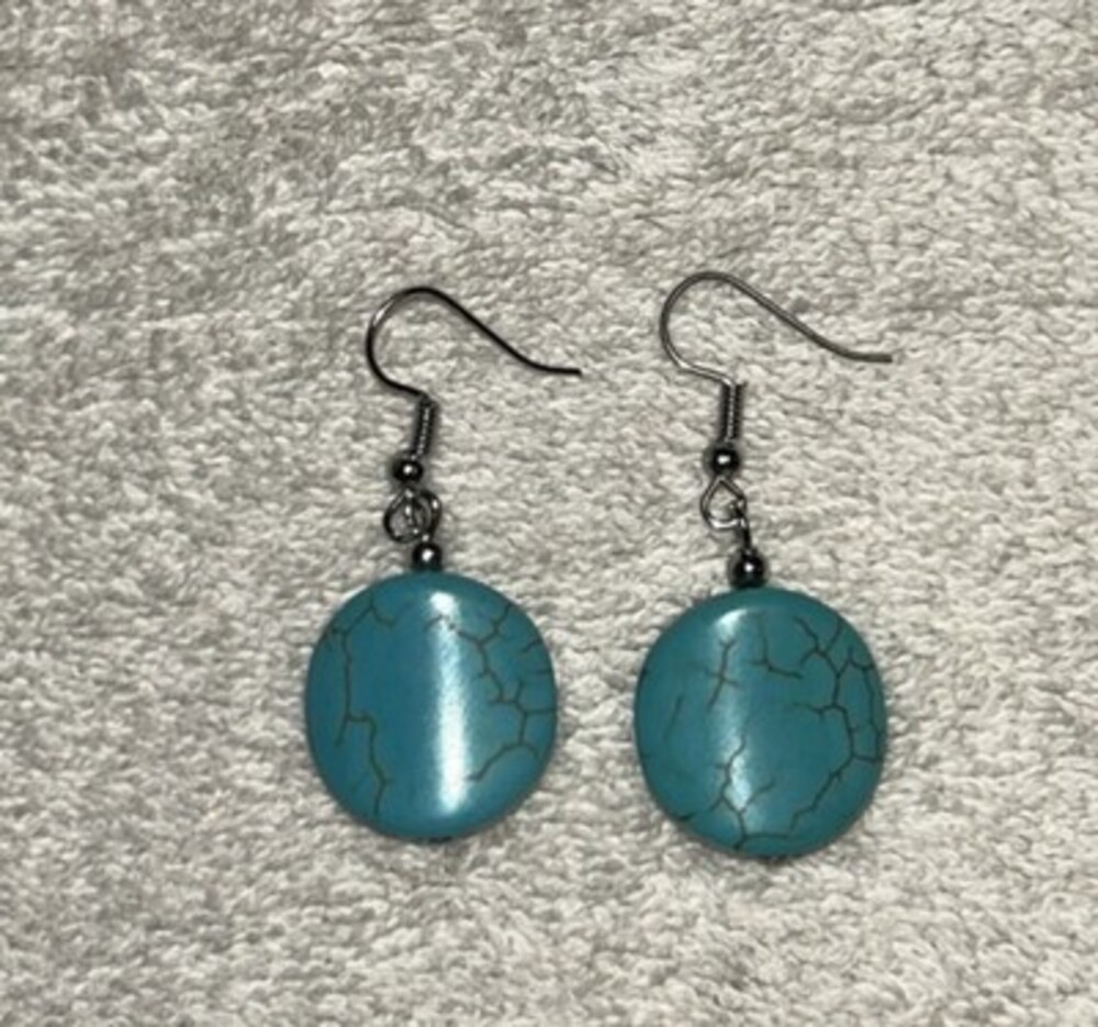 Round Flat Turquoise Stone Dangle Earrings with Silver-Tone Hooks